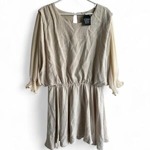 NWT Umgee Cream and Tan Oatmeal Linen/Cotton Contrast Sleeve dress Size Large